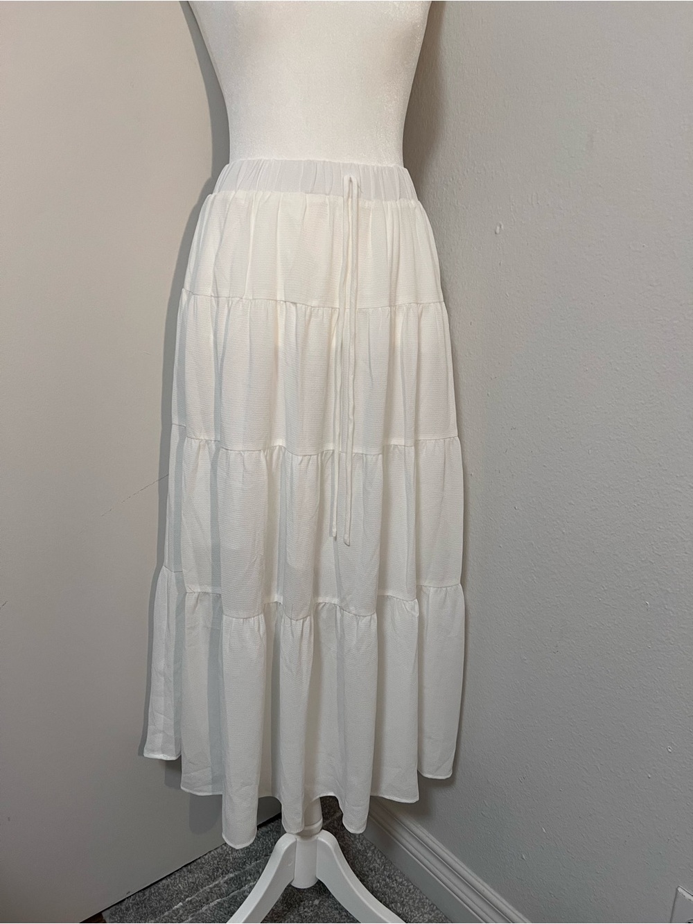 Flowy White Tiered Midi Skirt with Drawstring Waist